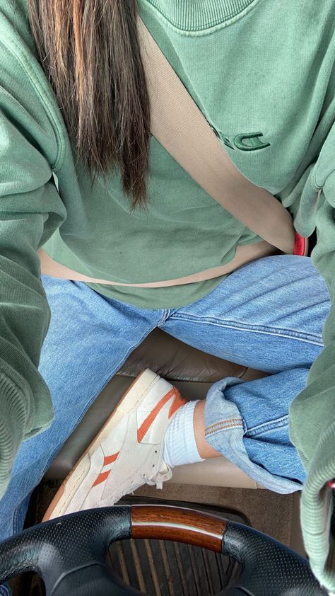 I’m wearing a dickies green crew neck, medium wash Abercrombie and Fitch jeans, and orange Reeboks. I think this is perfect for fall and winter Green Reebok Shoes Outfit, Outfits With Reebok Shoes, Reebok Shoes Outfit, Vintage Tiktok, Granola Aesthetic, Shoes Outfit, Reebok Shoes, Outfit Winter, Outfits Fashion