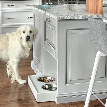 Slide Out Dog Bowl Design Ideas Kitchen Niche, Dog Food Station, Dog Feeding Station, Transitional Kitchen Design, Grey Kitchen Island, Dog Spaces, Dog Food Bowls, Quartz Kitchen, Smitten Kitchen