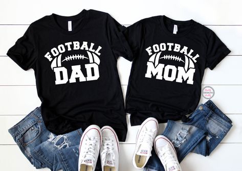 "Welcome to Maddy Paddy Designs Etsy Shop! This listing is for a Football Dad, Football Mom shirt. **PRICE IS FOR ONE SHIRT** This is a Unisex tee. Sizes are from XS to 3XL. These shirts are super soft and comfortable, it will become your favorite tee to wear. Solid Colors * 100% Cotton Athletic Heather * 90% cotton * 10% polyester Heather * 52% cotton * 48% polyester I suggest that you measure your shirt that you already own to compare sizing with the size chart in the photos. Please note that Football Shirts For Dads, Football Dad Shirts Ideas, Football Dad Shirts, Football Mom Shirts Ideas, Gameday Shirts, Sports Parent, Football Shirt Designs, Cute Couple Shirts, Sport Mom