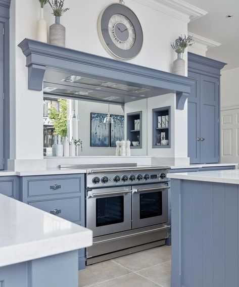 Periwinkle Blue Kitchen, Periwinkle Kitchen Cabinets, Periwinkle Kitchen, Double Island Kitchens, Sky Blue Kitchen, Blue Yellow Kitchens, Island Kitchens, Double Island, Tom Howley