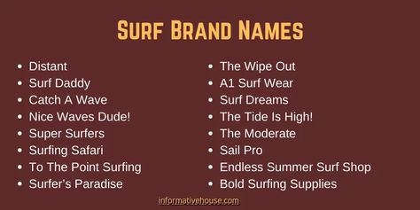 The Most Creative Surf Brand Names Ideas Surf Shop Names, School Names Ideas, Surfboard Brands, Best Surfboards, Unique Business Names, Wifi Names, Name Boards, Surf Brands, Surf Camp