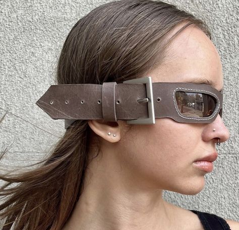 Leather belted sunglasses by Hellcat Eyewear Cat Eyewear, Club Kids, Futuristic Fashion, Leather Fabric, Leather Belt, Diy Clothes, Jewelry Accessories, Sunglasses, Fashion Design