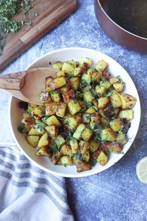 The Best Pan Fried Turkish Potatoes - Bless This Meal Mediterranean Spices, Best Pans, German Potato Salad, Hot Pepper, Sliced Potatoes, Tapenade, Spring Recipes, Perfect Side Dish, Turkish Recipes