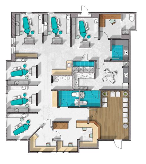 Dental clinic floor plan rendering on Behance Hospital Floor Plan, Floor Plan Rendering, Chiropractic Office Design, Deco Spa, Medical Clinic Design, Hospital Design Architecture, Plan Rendering, Dentist Office Design, Studio Medico