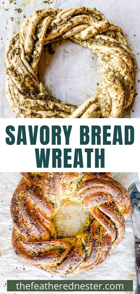 Celebrate any occasion with a cheesy, savory, and oh-so lovely braided pesto cheese bread wreath. This delicious and impressive twist is a tasty centerpiece for brunch and is the perfect party appetizer. Although it looks complicated, my twisted cheesy pesto wreath recipe is actually made with frozen dough – so it’s as simple to make as it is fabulous to enjoy! Feta And Chive Pesto Wreath, Braided Food Ideas, Bread Wreath Braided, Braided Bread Wreath, Christmas Wreath Bread Recipe, Sourdough Wreath, Pesto Wreath, Christmas Bread Wreath, Plaited Bread