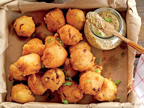 Crispy Andouille Hush Puppies Shrimp Boil Party, Hush Puppies Recipe, Barbecue Sides, Barbecue Side Dishes, Oyster Roast, Southern Dishes, Simple Food, Andouille Sausage, Andouille