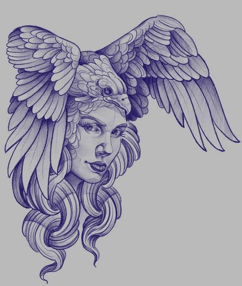 Monochromatic Drawing, Ariel Tattoo, Viking Warrior Tattoos, Eagle Drawing, Girl Face Tattoo, Egypt Tattoo, Chicano Style Tattoo, Greek Mythology Tattoos, Warrior Tattoos