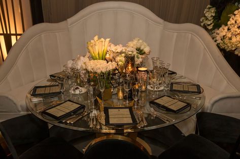 Table With Banquette Seating, Floral Candle Centerpieces, Art Deco Theme, Ceremony Chairs, Gatsby Theme, Champagne Tower, Booth Seating, Floral Candle, Tent Rentals