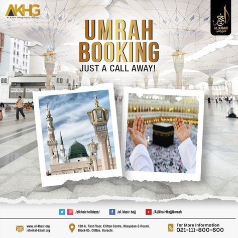 Start the journey to purify your intentions. Al.Khair offers affordable packages for Umrah pilgrims or you can request us for a customized Umrah package for your plans. For bookings, we are just a call away. ☎ UAN: 021-111-800-600 #umrah #umrah2022 #UmrahVisa #umrahpackages #pilgrims #Makkah #madinah #mecca #medina #instatravel #blessings #VISA #Karachites #Karachi #traveldiary #umrahbooking #travelagency #tickets #saudiarabia #travelling #islam #booknow #alkhair Mecca Medina, Travel Advertising Design, Umrah Package, Solo Adventure, Travel Advertising, Travel Company, Travel Brand, Dream Trip, Car Rentals