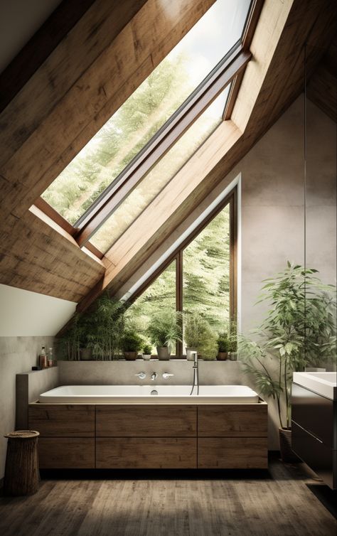 Big Window Bathroom, Slanted Windows, Window Bathtub, Bathtub Under Sloped Ceiling, A Frame House Bathroom, Bathroom Pitched Roof, Bathroom With Roof Slope, Triangular Bathroom, Bathroom Sloped Ceiling