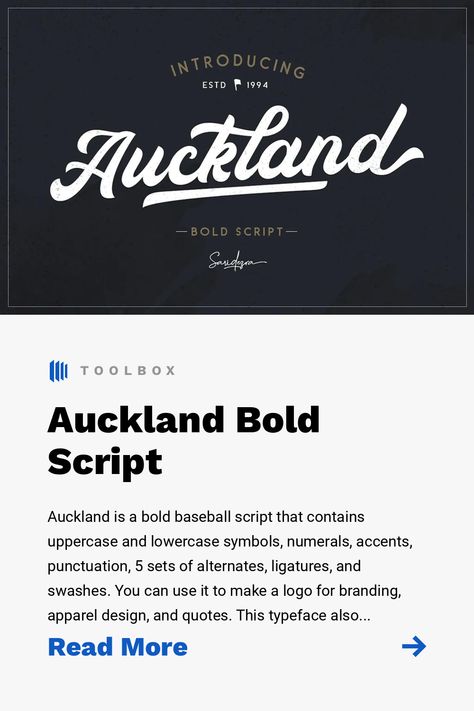 Auckland is a bold baseball script that contains uppercase and lowercase symbols, numerals, accents, punctuation, 5 sets of alternates, ligatures, and swashes. You can use it to make a logo for branding, apparel design, and quotes. This typeface also is already PUA Encoded, which makes it a fantastic baseball shirt font! Baseball Fonts Free, Baseball Font, Free Logos, Font Creator, Baseball Logo, Make A Logo, Logo Baseball, Free Sport, How To Make Logo