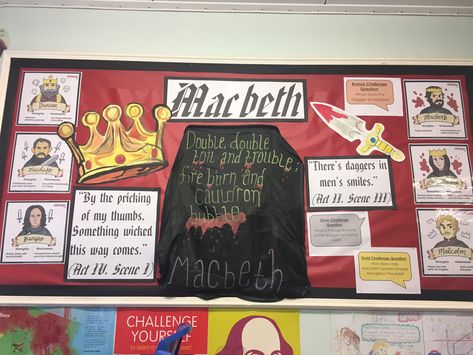 English Literature Exhibition Ideas, Macbeth Bulletin Board, Macbeth Classroom Display, Macbeth Display, Classroom Bulletin Boards High School, Shakespeare Novels, Classroom Displays Secondary, English Literature Classroom, English Bulletin Boards