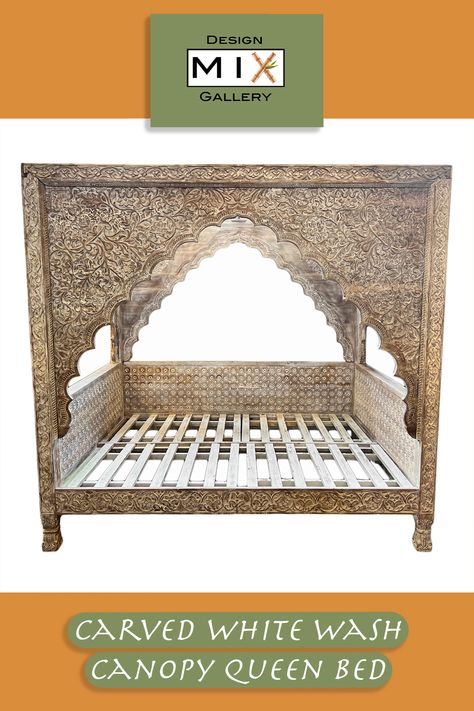 Carved lotus teak wood queen size canopy daybed / bed frame with white washed finish from India. Shop this and more on our website (tap pin or click link on pin) or at our LA showrooms. ✨ #interior #interiors #interiordesign #interiordesigner #interiorinspiration #decor #homeaccents #homeinterior #homestyling #homeaccessories #homedecor #interiorstyling #vogueliving #adstyle #archdigest #luxuryliving #spring #summer #daybed #canopybed #bedframe #bohobed #teakbed Canopy Daybed, Queen Daybed, Moroccan Bed, Carved Bed, Carved Beds, Door Bed, Daybed Canopy, Indian Room, Daybed Bedding