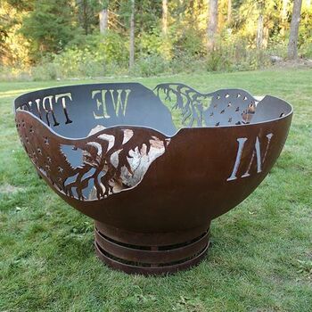 Never Rust Out! This In God We Trust Hand Crafted fire pit bowl is guaranteed to last a lifetime made here in the USA - Free Shipping! 20005 Fire Pit Dimensions, Fire Pit Materials, Custom Fire Pit, Rustic Fire Pits, Metal Fire Pit, Fire Pit Bowl, Steel Fire Pit, Wood Burning Fire Pit, Propane Fire Pit