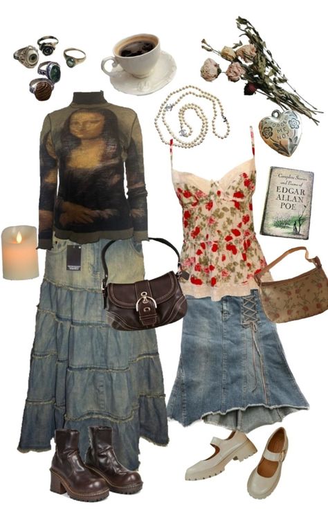 Aesthetic Maxi Skirt Outfit, Skirts Cottagecore, Cottagecore Fits, Cottagecore Outfit Ideas, Maxi Skirt Outfit, Cottagecore Outfit, Vintage Denim Skirt, Outfit Polyvore, Downtown Outfits