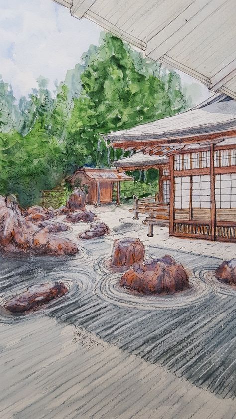 Japanese Color Pencil Art, Japanese Garden Art Drawing, Japanese House Watercolor, Japanese Zen Garden Drawing, Zen Garden Sketch, Japanese Garden Sketch, Japanese Garden Trees, Zen Garden Painting, Japanese Landscape Drawing