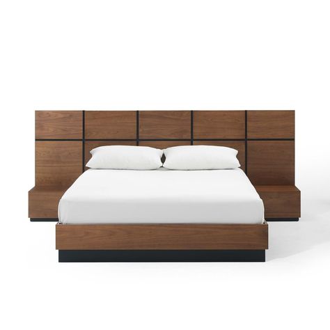 Description:Introduce opulent energy to your bedroom decor with the elegantly distinguished Caima 3-Piece Bedroom Set featuring a queen bed and two nightstands. Solidly constructed from MDF and beautifully grained brown walnut veneer, the Caima Platform Bed claims center stage in your master suite or guest bedroom, while the nightstands feature spacious storage drawers. The Caima Queen Bed has a LVL wood slat support system and matte black painted MDF bed foundation. Rustic appeal exudes from wi Wooden Bed Side Table, Mdf Bed, Bed Side Table Design, Modern Bedroom Furniture Sets, Wood Bedroom Sets, Wood Bed Design, Bed Foundation, Bed Design Modern, Queen Platform Bed