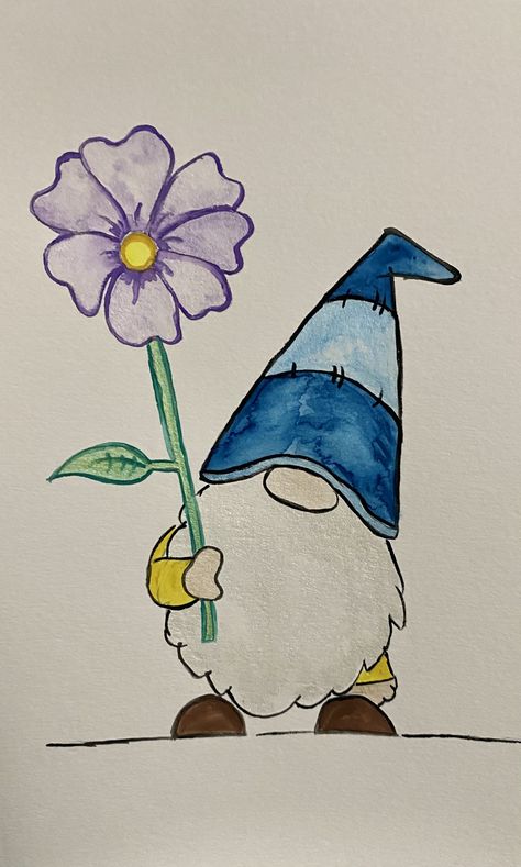 Watercolor Gnome Painting, Watercolor Painting People Easy, Easy Simple Art Ideas, Nome Drawings, March Drawing Ideas, Self Care Drawings Easy, Gnome Drawings, Marker Doodles Easy, Things To Watercolor