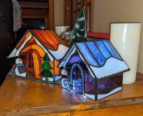 Stained Glass Christmas Village, Stained Glass Village Houses, Stained Glass Candle Ornaments, Stained Glass Present With Lights, Mini Stained Glass Lamp, Stained Glass Cube With Lights, Stained Glass Supplies, L'art Du Vitrail, Modern Stained Glass