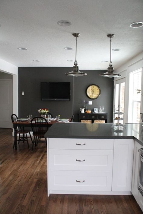 Like this "shorter" end with just the drawers and workspace.  Also like the wall, floor, cabinet colors. Gray Accent Wall Kitchen, Yellow Kitchen Cabinets, Grey Kitchen Colors, Grey Kitchen Walls, Accent Wall In Kitchen, Dark Accent Walls, Charcoal Walls, Grey Accent Wall, Dark Grey Kitchen