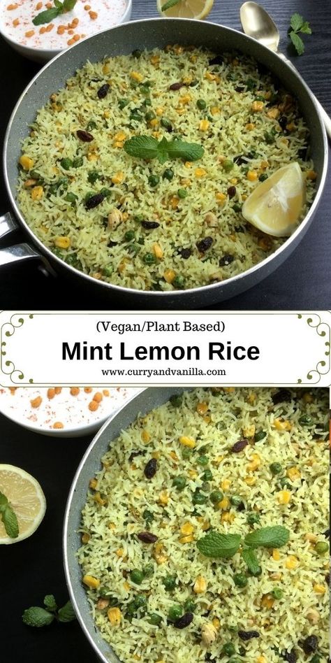 Mint lemon Rice with Raisins (Vegan/Gluten Free) - CurryandVanilla Rice With Raisins, Mint Rice, Fried Rice Recipe Easy, Garlic Fried Rice, Indian Rice Recipes, Rice Side, Flavored Rice, Rice Varieties, Lemon Rice