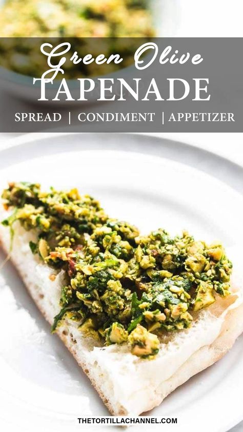 Green Olive Tapenade Olive Tepanade Recipe, Tapenade Uses, Olive Appetizer Ideas, Green Olive Recipes, Olive Tepanade, Olive Spread Recipe, Green Olive Dip, Olive Dip Recipe, Green Olive Tapenade