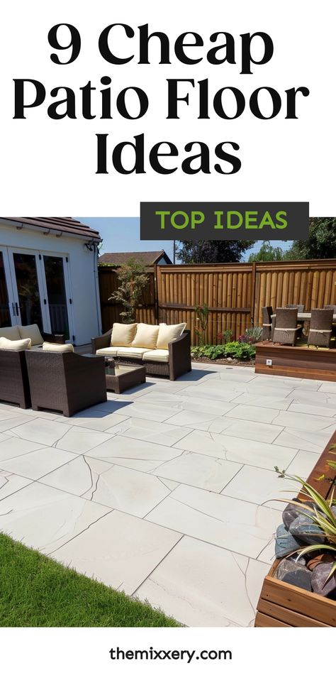 Well-maintained backyard patio with beige furniture on geometric tile flooring, showcasing landscaping inspiration for patio floor ideas. Gazebo Flooring Ideas Diy, Covered Patio Flooring Ideas, Patio Flooring Ideas On A Budget, Inexpensive Patio Flooring, Affordable Patio Ideas, Patio Ground Ideas, Gazebo Flooring Ideas, Easy Patio Ideas On A Budget, Patio Floor Ideas On A Budget