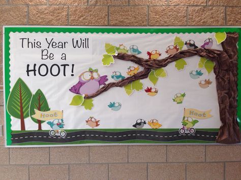 Back to school bulletin board Owl Bulletin Boards, School Bulletin Board Ideas, Interactive Bulletin Boards, Owl Theme Classroom, Reading Bulletin Boards, Owl Classroom, Preschool Bulletin, Preschool Bulletin Boards, Welcome Students