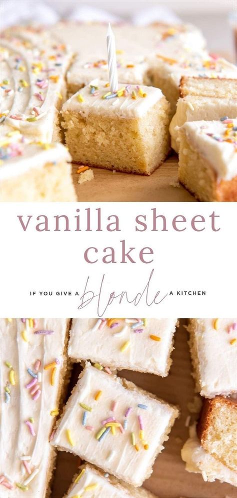 Sheet Cake For Birthday, Sheet Pan Vanilla Cake Recipes, Vanilla Half Sheet Cake Recipe, Rectangle Cake Recipe, Cupcake Sheet Cake, Sheet Cake Vanilla, Half Sheet Cake Recipe, Vanilla Sheet Cake Recipe, Buttercream Sheet Cake