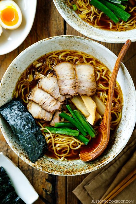 Shoyu Ramen Recipe, Soy Sauce Ramen, Vegetarian Sushi Rolls, Pork Bones, Fresh Ramen Noodles, Ramen Toppings, Vegetarian Ramen, Vegetarian Sushi, Just One Cookbook