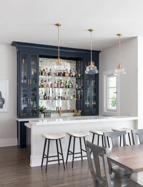 Bar With Mirror Backsplash, Glass Pendant Light Kitchen, Kitchen Island Ceiling, Bar With Mirror, Bar Renovation, Pendant Light Kitchen Island, Home Bar Counter, Glass Pendant Lighting Kitchen, Pendant Light Kitchen