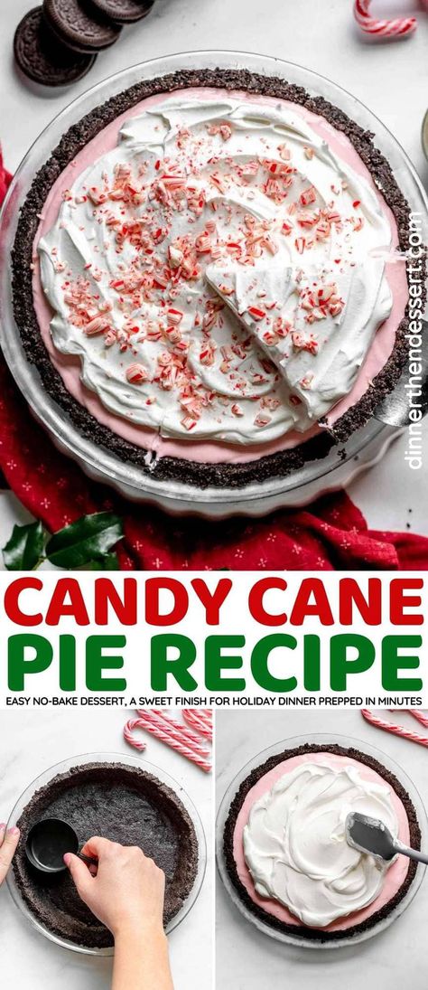 Candy Cane Pie is the perfect no-bake pie recipe to serve over the holidays with an Oreo crust and cream cheese peppermint filling. Candy Pie Recipes, Layered Peppermint Pie, Peppermint Pie Recipe Holidays, No Bake Candy Cane Pie, Village Inn Candy Cane Pie Recipe, Oreo Peppermint Pie, No Bake Christmas Pie Recipes, No Bake Pies For Christmas, Peppermint Bark Pie