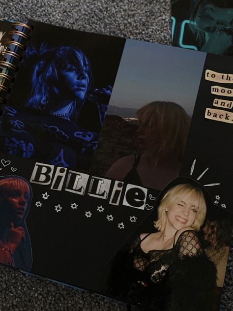 Billie Eilish Scrapbook Ideas, Billie Eilish Scrapbook, Teenage Scrapbook, Scrapbooking Aesthetic, Billie Core, Art Imagination, Aesthetic Stars, Present Ideas, Diy Stuff