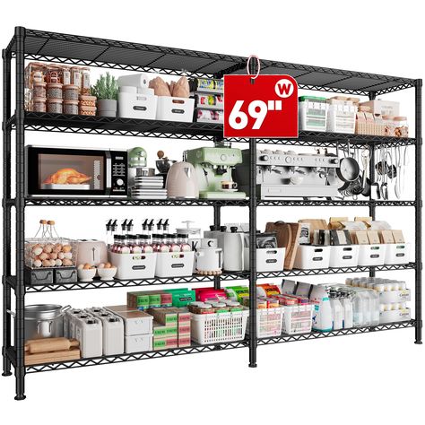 PRICES MAY VARY. 【69" Wx72.5" Hx15.75" D Wider and Higher Storage Shelves】Increase your storage space. The storage capacity of the wire shelving is 3-4 times that of the ordinary shelf, offering you an enormous storage space. Metal shelves for storage can be used to store a large number of bottles, canned food, boxes, books, tools, kitchen appliances, etc. It is a good storage shelf in pantry and warehouses. Wide shlving is also suitable for use in stores and large supermarkets, providing ample Metal Kitchen Shelves, Basement Storage Organization, Heavy Duty Garage Shelving, Metal Storage Shelves, Shelves For Storage, Heavy Duty Shelving, Wire Shelving Units, Metal Shelving Units, Pantry Kitchen