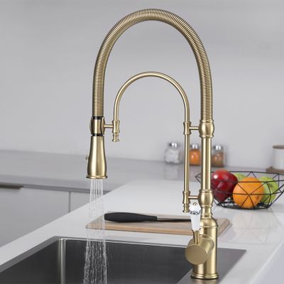 Brushed Gold High Arc Dual-Mode Pull-Down Kitchen Faucet Solid Brass Porcelain Handle - Kitchen Remodel - Homary US Brass Kitchen Taps Uk, White Undermount Kitchen Sink Gold Faucet, White Kitchen Cabinets With Gold Handles Brass Hardware, Gold And Black Kitchen Faucet, Brass Tapware Kitchen, Gold Kitchen Tap, Gold Fixtures Kitchen, Champagne Gold Kitchen Hardware, Kitchen Gold Hardware