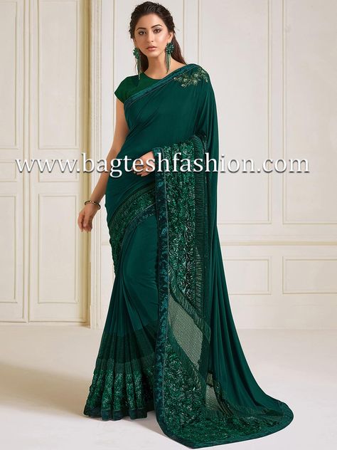 Lycra Green Saree Anarkali Lehenga Gowns, Lycra Saree, Blouse Designer, Raw Silk Saree, Latest Indian Saree, Indian Wedding Wear, Satin Saree, Sarees Collection, Designer Sarees Online