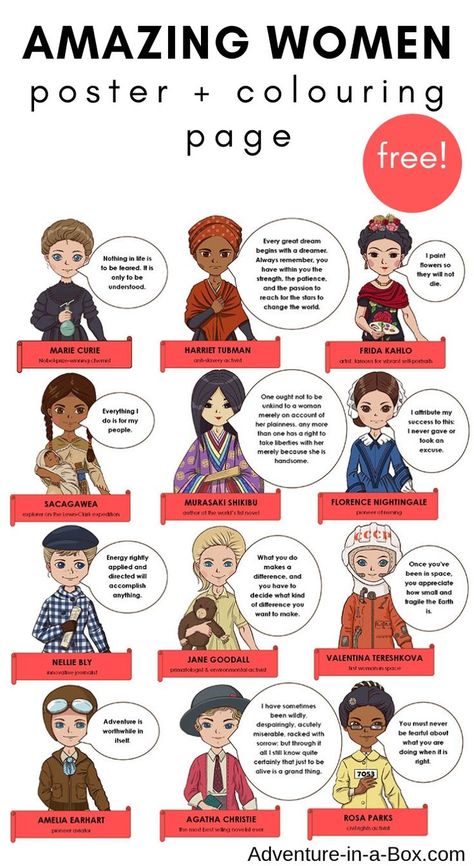 Amazing Women in History: Free Colouring Page + Poster. In celebration of women's history month, I'd like to share a free colouring page and a printable poster with you, featuring twelve amazing women and their inspiring quotes. #womenshistorymonth #womensempowerment #women #homeschool #homeschooling Women History Month Activities, Fun Facts About Earth, Womens Month, Women's History Month, Colouring Page, History Quotes, Women Poster, History For Kids, Women’s History