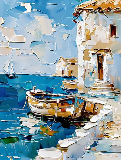 Boats By The Sea - Avanesova Elena AVA Boat In The Sea Painting, By The Sea Painting, Boat Painting Acrylic, Painting Boats, The Sea Painting, Dynamic Painting, City By The Sea, Favorite Paintings, Watercolor Architecture