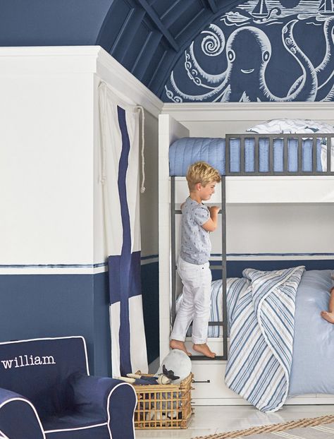 Pottery Barn Kids (PBK) - Summer 2018 - Page 16-17 Boys Beach Bedroom, Nautical Kids Bedroom, Pottery Barn Kids Bedrooms, Nautical Interior Design, Shark Room, Surfer Room, California Room, Nautical Interior, Nautical Room