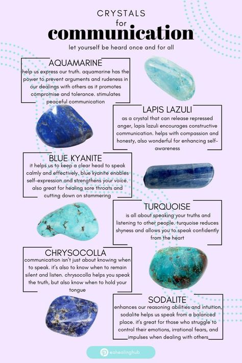 Focus Crystals, Crystals For Communication, Gemstones Chart, Healing Crystals For You, Speak Your Truth, Affirmation Board, Bohemian Life, Crystal Uses, Healing Spirituality