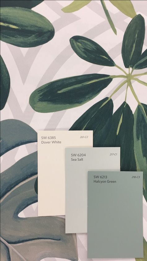 Sw 6213 Halcyon Green, Seasalt Sw, Green Coordinating Colors, Sw Halcyon Green, Exterior Paint Palette, Halcyon Green, Dover White, House Color Palettes, House Color Schemes