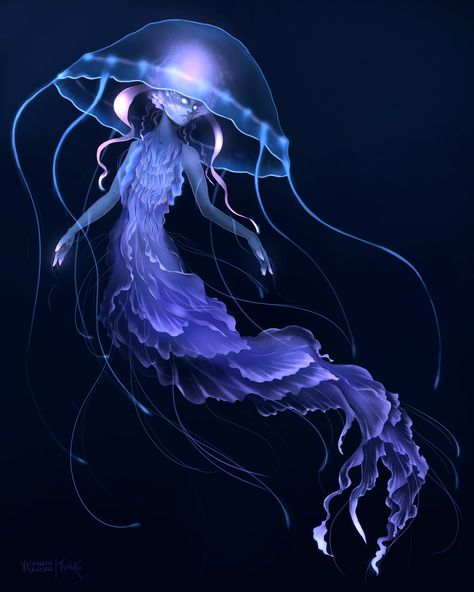 Fantasy Underwater Creatures, Jellyfish Mermaid Art, Water Creatures Drawing, Drawing Sea Monsters, Water Creatures Art, Underwater Creatures Drawing, Underwater Creatures Art, Water Creatures Mythical, Jelly Fish Mermaid