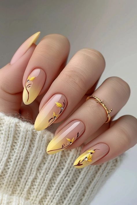 Cherry Blossom Nails Design, Cherry Blossom Nails, Yellow Nail Art, Yellow Nails Design, Nail Swag, Nagel Inspo, Cat Kuku, Yellow Nails, Floral Nails