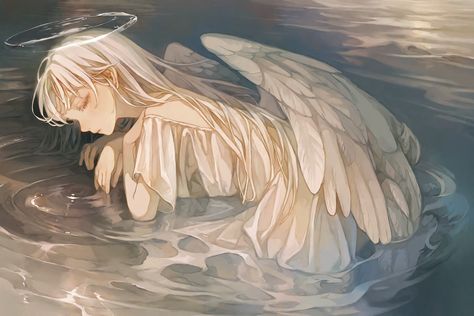 Fallen Angel Art Anime, Angel Anime Art, Angel Oc Art, Face Angels, Angelic Pfp, Heavenly Angels Art, Angle Girl, Angel Pfp, Angelic Art