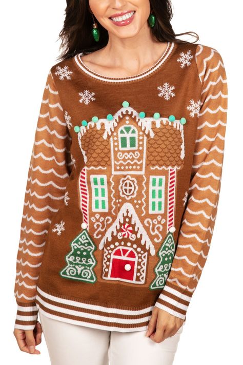 Women's Gingerbread House Ugly Christmas Sweater Gingerbread Outfit, Ugly Christmas Sweater Women, Cute Christmas Outfits, Diy Sweater, Tipsy Elves, Christmas Outfits Women, Christmas Projects Diy, Christmas Outfits, Christmas Earrings