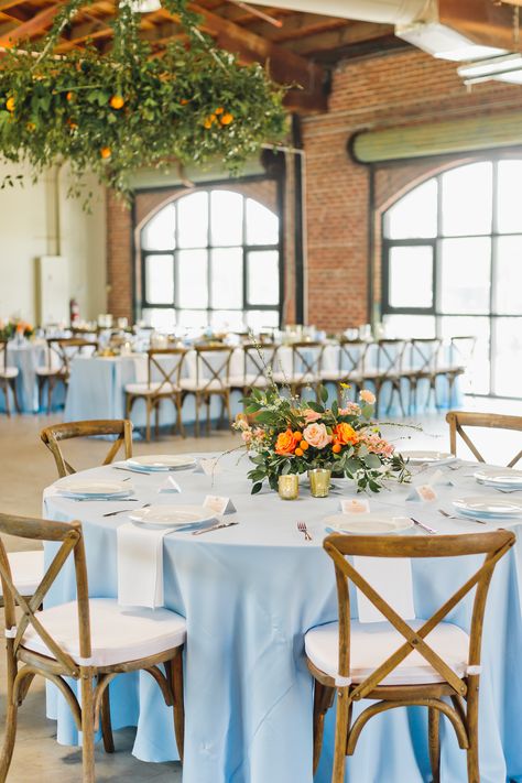 Erinn & Brendan's Dusty Blue & Orange Citrus-Inspired Wedding - Chicago Style Weddings Dusty Blue And Orange Wedding, Blue And Orange Wedding, August Wedding Colors, Blue Orange Weddings, Ice Blue Bridesmaid Dress, Orange Wedding Bouquet, Orange Wedding Themes, Baby Blue Weddings, Citrus Wedding