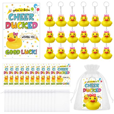 PRICES MAY VARY. Complete Package: this set includes 36 rubber duck keychains, 36 good luck treat tag cards, and 36 organza bags a complete package for your gifting needs. The academy's worth of keychains and cards ensures that you have enough to distribute for a large group Vibrant Colors and Sizes: with vibrant yellows and 3 different color bows for the ducks, our cheer team duck keychains are visually appealing and attractive; Measuring about 2.4 x 1.8 inches, compact size, these duck keychai Cheerleader Competition, Homecoming 2024, Duck Keychain, Sunshine Committee, Cheer Things, Tag Cards, 12 Days Of Xmas, Cheerleading Gifts, Cheer Gifts