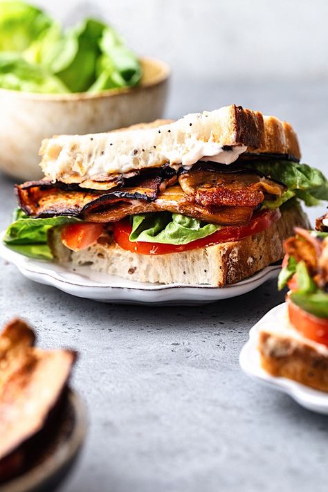 Vegan Eggplant BLT Sandwich - Cupful of Kale Eggplant Bacon, Blt Recipes, The Perfect Sandwich, Perfect Sandwich, Sandwich Fillers, Vegan Eggplant, Vegan Fries, Fried Breakfast, Blt Sandwich