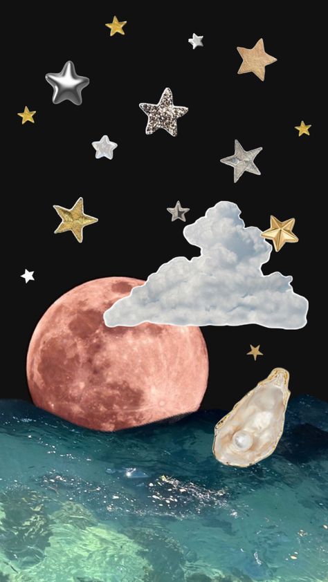 A sky full of stars and a big red moon setting over the ocean. A fluffy cloud covers part of the moon. In the front there is an oyster with a shiny white pearl. Night Mode Wallpaper, Night Mode, A N Wallpaper, A Wallpaper, Sleep Tight, Phone Background, Starry Sky, Phone Backgrounds, Aesthetic Wallpapers