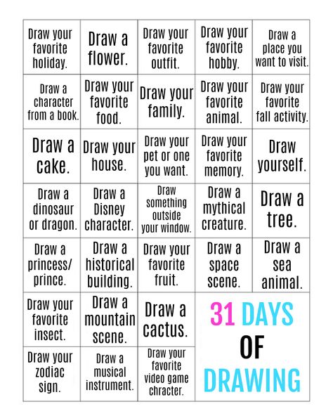 Need an excuse to break out your pencils or markers every day? Join us for 31 days of drawing! A free printable calendar, full of fun drawing ideas. Of Drawing Challenge, Fun Drawing Ideas, Drawing Prompt, Free Printable Calendar, Creative Block, Drawing Templates, 31 Days, Landscape Drawings, Drawing Videos